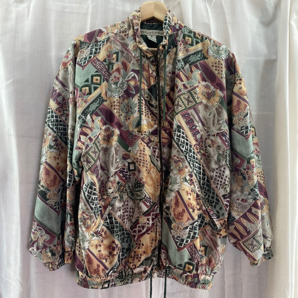Vintage Silk Bomber Jacket‎ Floral Geometric Abstract Pattern Active Wear